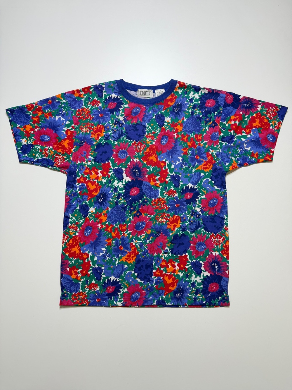 Vintage Hot Couture Flower All Over Print Short Sleeve T-Shirt Mens Small Blue